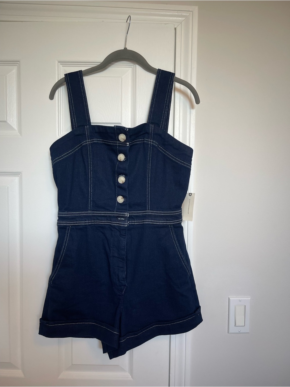 Anthropologie Dark Navy Denim Romper with Contrast Stitching